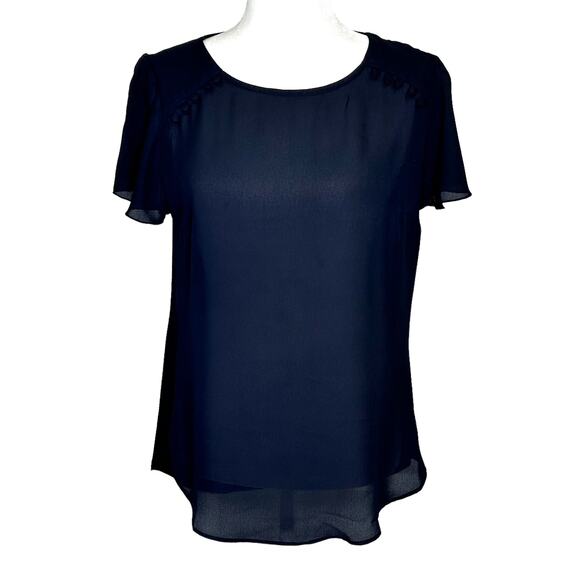 Fortune + Ivy Black Mixed Fabric Short Flutter Sleeve Blouse Button Detail - Picture 1 of 9